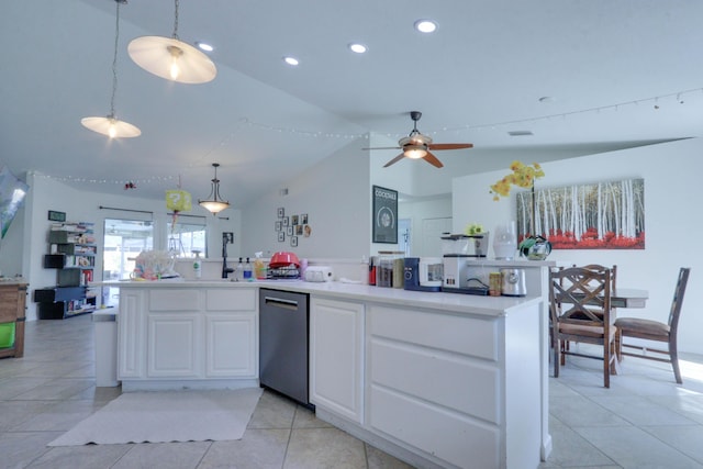 1855 Lotus Ln, Wellington, FL 33414 - kitchen with dishwasher, recessed lighting, white cabinets, lofted ceiling, and ceiling fan