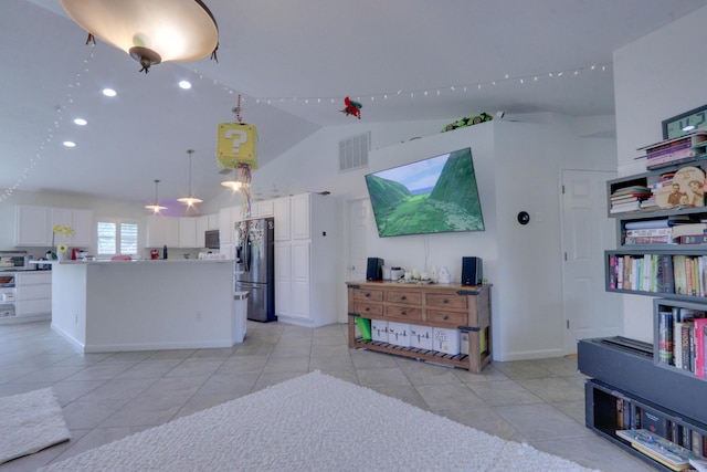 1855 Lotus Ln, Wellington, FL 33414 - living room featuring light tile patterned floors, recessed lighting, high vaulted ceiling, and baseboards