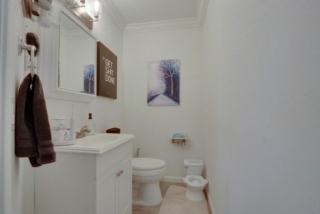 1855 Lotus Ln, Wellington, FL 33414 - half bathroom featuring vanity, toilet, ornamental molding, tile patterned flooring, and baseboards
