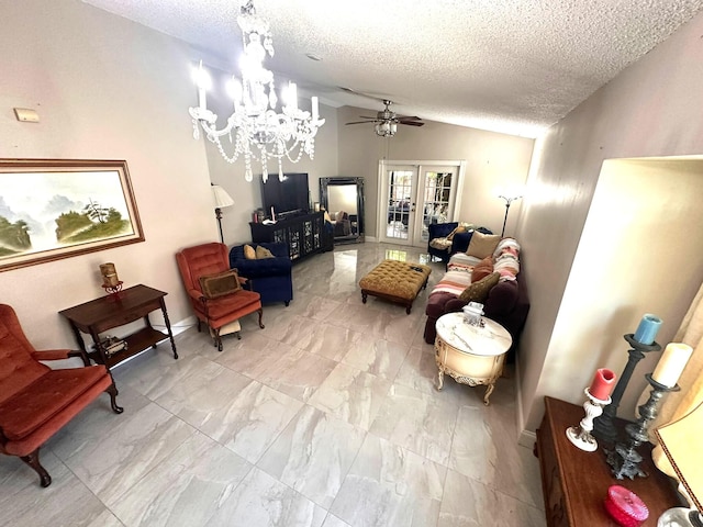 5473 E Berry Blossom Way E, West Palm Beach, FL 33415 - living room featuring vaulted ceiling, a textured ceiling, ceiling fan, a chandelier, and marble look tile flooring
