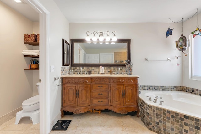 3769 Pebblebrook Ct, Coconut Creek, FL 33073 - full bathroom with toilet, a bath, decorative backsplash, tile patterned flooring, and double vanity