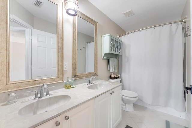 3769 Pebblebrook Ct, Coconut Creek, FL 33073 - bathroom with tile patterned floors, double vanity, toilet, and a shower with shower curtain