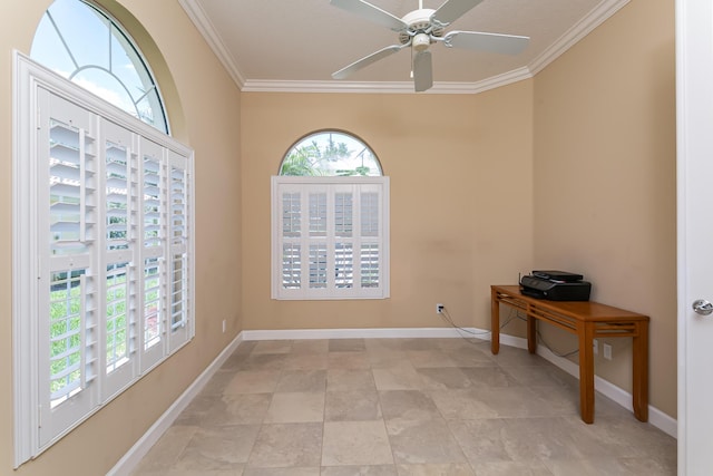 10581 SW Stratton Dr, Port Saint Lucie, FL 34987 - empty room featuring crown molding, baseboards, and a ceiling fan