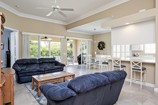 10581 SW Stratton Dr, Port Saint Lucie, FL 34987 - living room featuring a ceiling fan, crown molding, light tile patterned floors, and baseboards