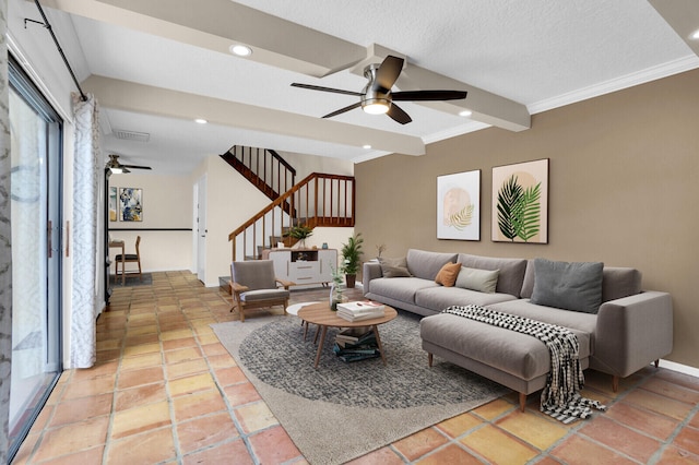 202 2nd Ct, Palm Beach Gardens, FL 33410 - living area featuring a ceiling fan, stairs, recessed lighting, and crown molding