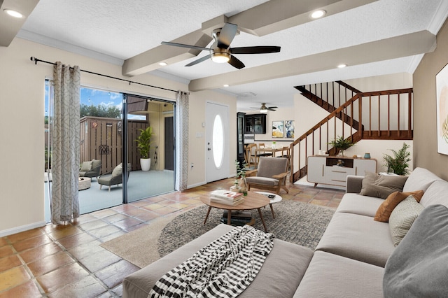 202 2nd Ct, Palm Beach Gardens, FL 33410 - living room featuring baseboards, a ceiling fan, stairs, recessed lighting, and a textured ceiling