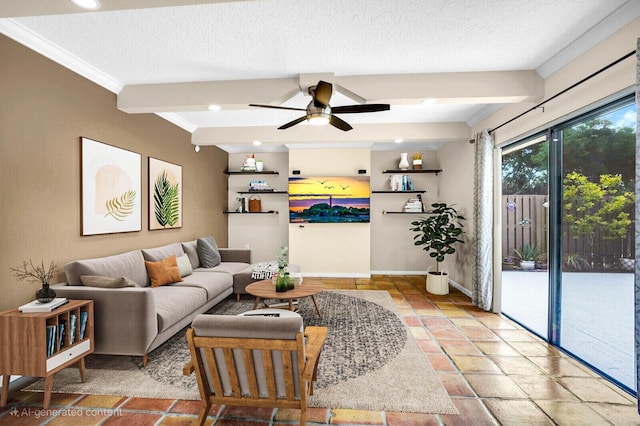 202 2nd Ct, Palm Beach Gardens, FL 33410 - living area with ornamental molding, a ceiling fan, a textured ceiling, beamed ceiling, and baseboards