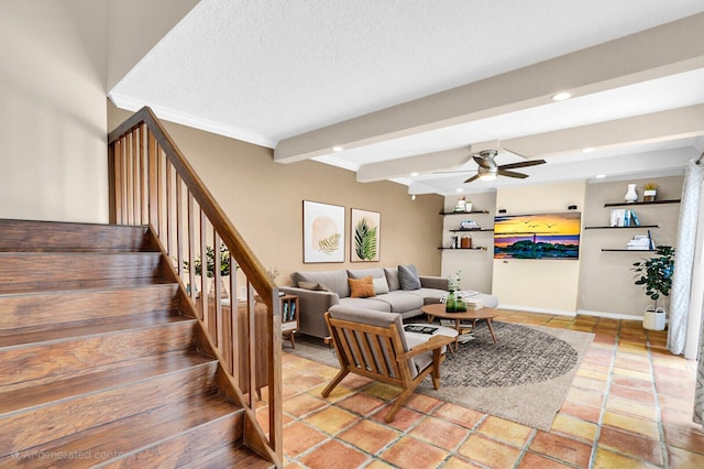 202 2nd Ct, Palm Beach Gardens, FL 33410 - living room with recessed lighting, beamed ceiling, ceiling fan, stairway, and baseboards