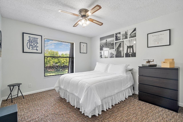 7678 Courtyard Run W, Boca Raton, FL 33433 - bedroom featuring a textured ceiling, carpet floors, baseboards, and ceiling fan