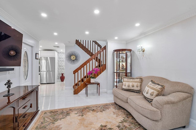 7678 Courtyard Run W, Boca Raton, FL 33433 - living room with stairs, ornamental molding, recessed lighting, and baseboards