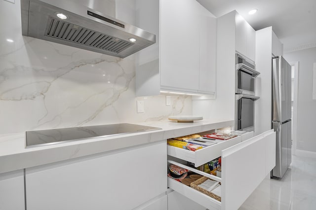 7678 Courtyard Run W, Boca Raton, FL 33433 - kitchen with exhaust hood, stainless steel appliances, modern cabinets, white cabinets, and tasteful backsplash