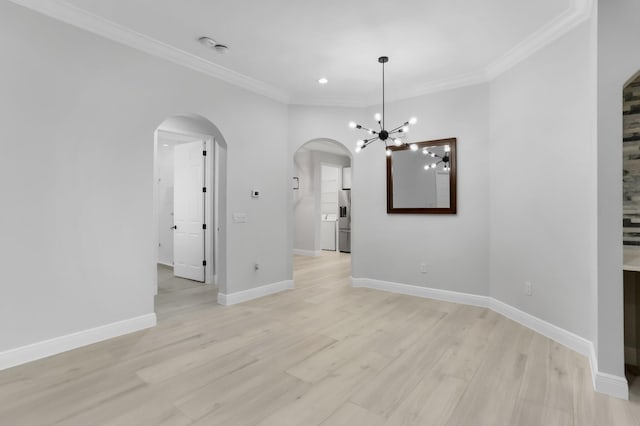 6365 Bella Cir Unit 705, Boynton Beach, FL 33437 - empty room with arched walkways, recessed lighting, crown molding, light wood-type flooring, and a chandelier