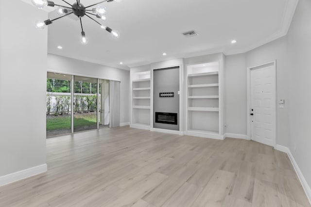 6365 Bella Cir Unit 705, Boynton Beach, FL 33437 - unfurnished living room featuring a chandelier, ornamental molding, baseboards, recessed lighting, and light wood-style flooring