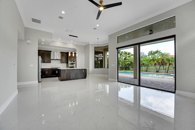 10523 Vignon Ct, Wellington, FL 33449 - unfurnished living room with ceiling fan, ornamental molding, light marble finish flooring, baseboards, and recessed lighting