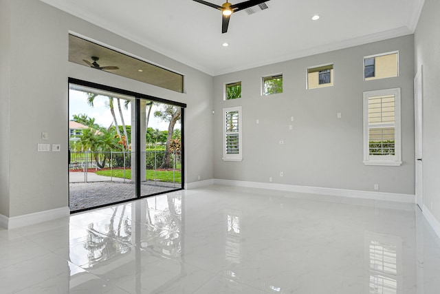 10523 Vignon Ct, Wellington, FL 33449 - empty room featuring a ceiling fan, ornamental molding, baseboards, recessed lighting, and a towering ceiling