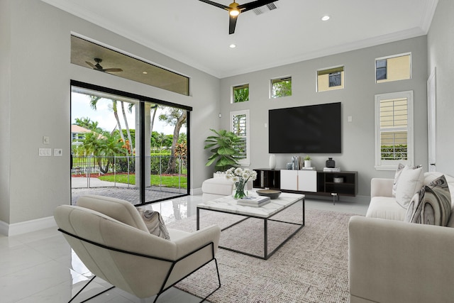 10523 Vignon Ct, Wellington, FL 33449 - living area featuring a ceiling fan, crown molding, baseboards, and recessed lighting