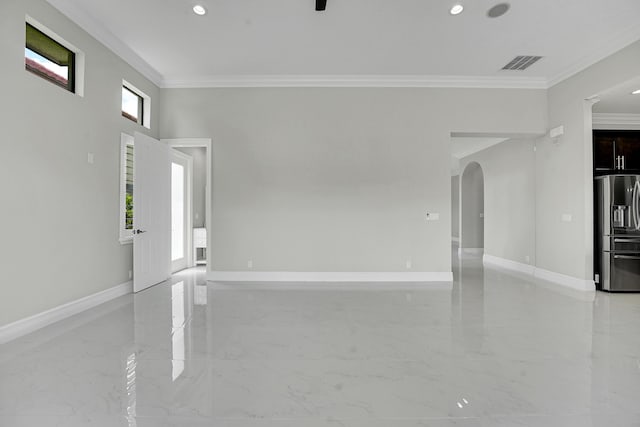 10523 Vignon Ct, Wellington, FL 33449 - unfurnished living room featuring arched walkways, light marble finish flooring, crown molding, baseboards, and recessed lighting