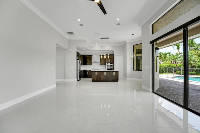 10523 Vignon Ct, Wellington, FL 33449 - unfurnished living room with baseboards, recessed lighting, light marble finish flooring, and ornamental molding