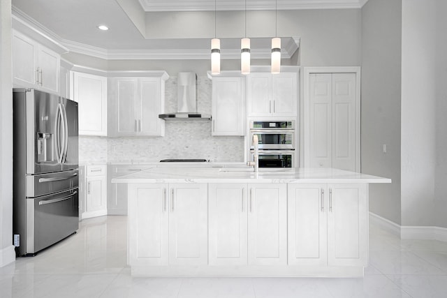 10523 Vignon Ct, Wellington, FL 33449 - kitchen with appliances with stainless steel finishes, wall chimney range hood, tasteful backsplash, ornamental molding, and white cabinets