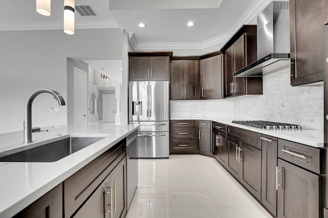 10523 Vignon Ct, Wellington, FL 33449 - kitchen featuring wall chimney range hood, stainless steel appliances, a sink, ornamental molding, and dark brown cabinets