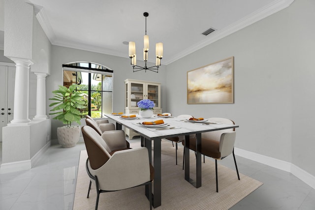 10523 Vignon Ct, Wellington, FL 33449 - dining room with crown molding, a chandelier, decorative columns, and baseboards