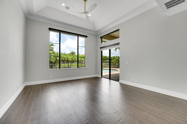 10523 Vignon Ct, Wellington, FL 33449 - unfurnished room with crown molding, dark wood-style flooring, ceiling fan, baseboards, and recessed lighting