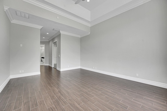 10523 Vignon Ct, Wellington, FL 33449 - spare room featuring dark wood-style floors, baseboards, crown molding, a ceiling fan, and recessed lighting