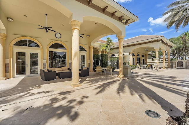 10523 Vignon Ct, Wellington, FL 33449 - view of patio / terrace featuring french doors, ceiling fan, and an outdoor living space