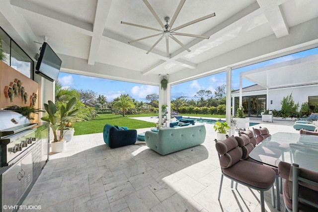 8533 N Native Dancer Rd, Palm Beach Gardens, FL 33418 - view of patio / terrace with ceiling fan, grilling area, an outdoor pool, and outdoor dining area