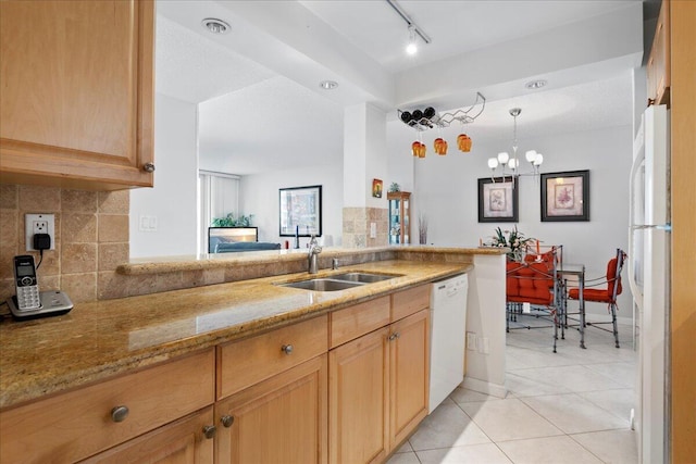 1009 N Ocean Blvd Unit 510, Pompano Beach, FL 33062 - kitchen with a sink, white appliances, decorative backsplash, light stone counters, and light tile patterned flooring
