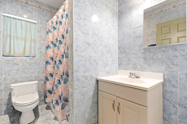 1045 NW 47th Ter, Miami, FL 33127 - bathroom featuring tile walls, toilet, vanity, and a shower with curtain