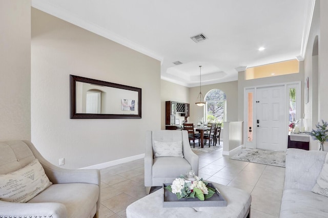 146 Magnolia Way, Tequesta, FL 33469 - living room featuring baseboards, light tile patterned flooring, a tray ceiling, crown molding, and recessed lighting