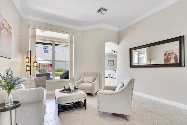 146 Magnolia Way, Tequesta, FL 33469 - tiled living area with ornamental molding, baseboards, and a ceiling fan