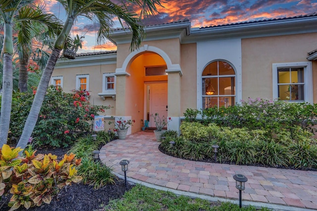 146 Magnolia Way, Tequesta, FL 33469 - exterior entry at dusk featuring stucco siding