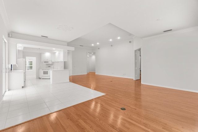 843 Niemen Dr, Palm Beach Gardens, FL 33410 - unfurnished living room featuring crown molding, light wood-style flooring, baseboards, and recessed lighting