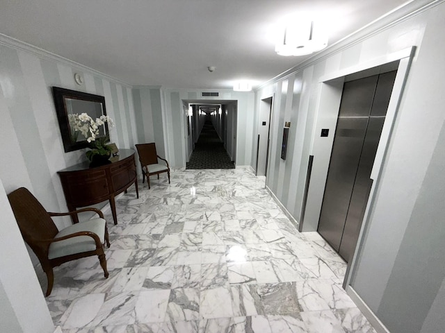 2860 S Ocean Blvd Unit 415, Palm Beach, FL 33480 - corridor with crown molding, elevator, and light marble finish flooring