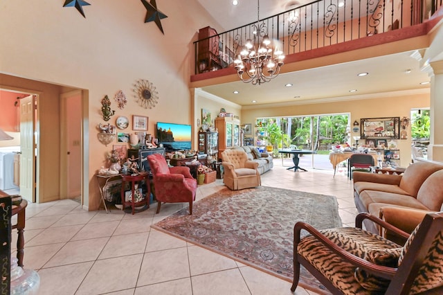6935 Pioneer Rd, West Palm Beach, FL 33413 - living area featuring a towering ceiling, tile patterned floors, a chandelier, ornamental molding, and recessed lighting