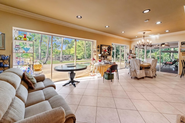 6935 Pioneer Rd, West Palm Beach, FL 33413 - living room featuring ornamental molding, a chandelier, light tile patterned floors, and recessed lighting