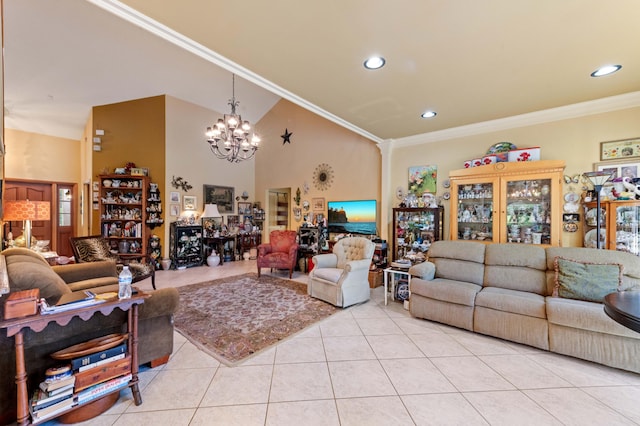 6935 Pioneer Rd, West Palm Beach, FL 33413 - living area featuring light tile patterned floors, a chandelier, recessed lighting, ornamental molding, and high vaulted ceiling