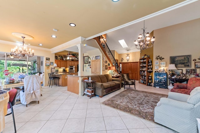 6935 Pioneer Rd, West Palm Beach, FL 33413 - living area featuring a chandelier, light tile patterned flooring, crown molding, stairs, and recessed lighting