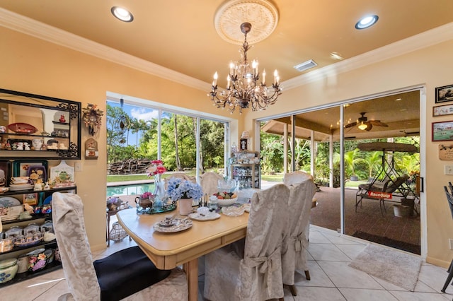 6935 Pioneer Rd, West Palm Beach, FL 33413 - dining area with light tile patterned floors, a chandelier, ornamental molding, a ceiling fan, and recessed lighting