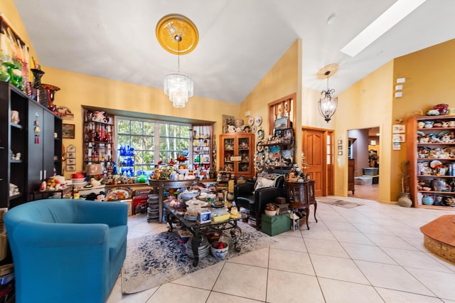 6935 Pioneer Rd, West Palm Beach, FL 33413 - living area featuring tile patterned flooring, high vaulted ceiling, and a chandelier