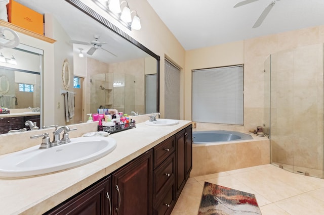 6935 Pioneer Rd, West Palm Beach, FL 33413 - bathroom with a ceiling fan, a stall shower, double vanity, and a garden tub