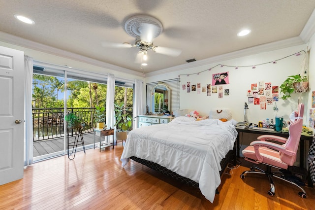 6935 Pioneer Rd, West Palm Beach, FL 33413 - bedroom with crown molding, access to outside, light wood-type flooring, a textured ceiling, and recessed lighting