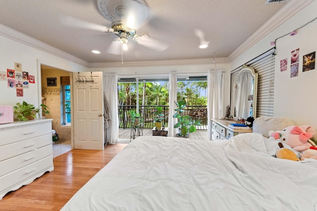 6935 Pioneer Rd, West Palm Beach, FL 33413 - bedroom with access to exterior, ornamental molding, light wood-style flooring, recessed lighting, and a ceiling fan