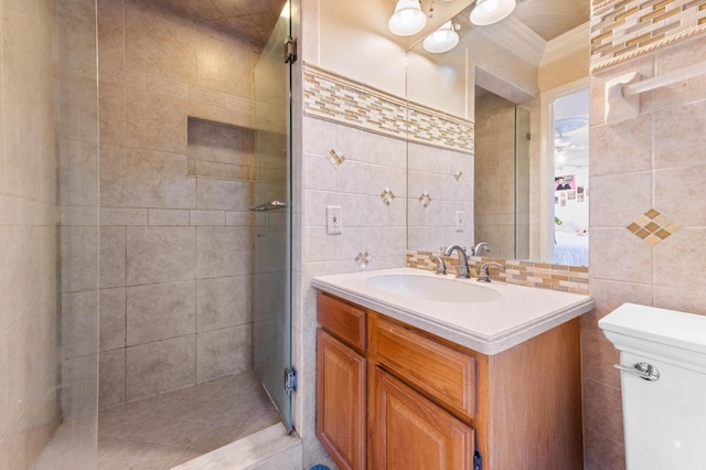 6935 Pioneer Rd, West Palm Beach, FL 33413 - bathroom featuring tile walls, vanity, a tile shower, and crown molding