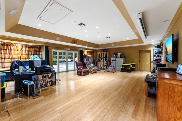 6935 Pioneer Rd, West Palm Beach, FL 33413 - interior space with a raised ceiling, wood finished floors, attic access, and recessed lighting