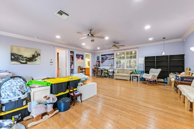 6935 Pioneer Rd, West Palm Beach, FL 33413 - living area with crown molding, ceiling fan, wood finished floors, and recessed lighting
