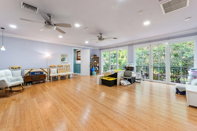 6935 Pioneer Rd, West Palm Beach, FL 33413 - living room featuring crown molding, a ceiling fan, recessed lighting, and light wood-style floors