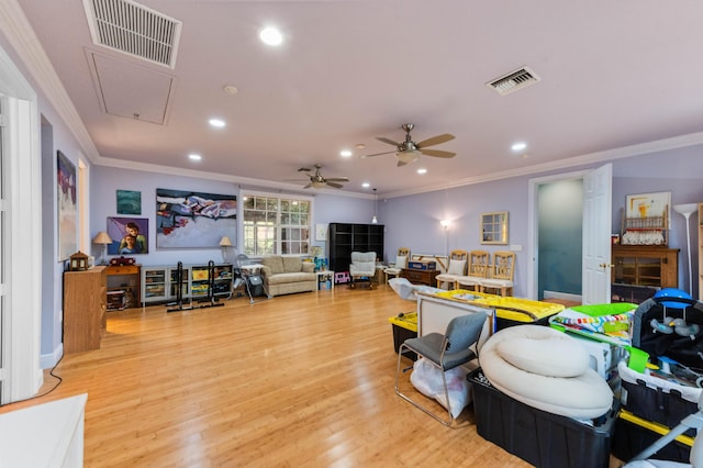 6935 Pioneer Rd, West Palm Beach, FL 33413 - living area featuring attic access, ornamental molding, wood finished floors, a ceiling fan, and recessed lighting